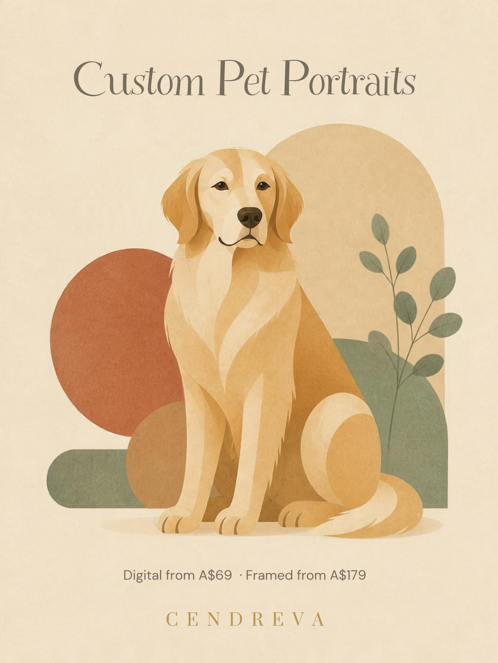 Custom pet portrait of a golden retriever in calm earthy abstract style, CENDREVA. Digital from A$69, framed from A$179