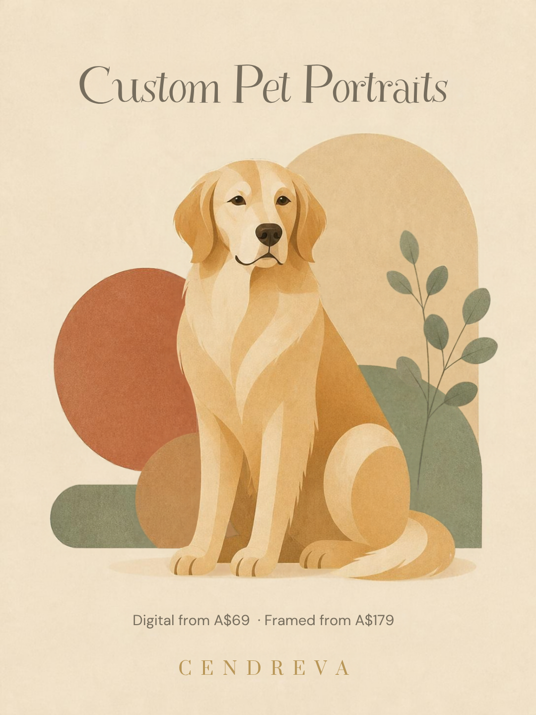 Custom pet portrait of a golden retriever in calm earthy abstract style, CENDREVA. Digital from A$69, framed from A$179