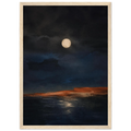 Night Coast framed abstract art print with a white moon over midnight blue, natural wood frame, A3