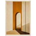 Ochre Passage framed abstract art print with an ochre arched doorway, natural wood frame, A3