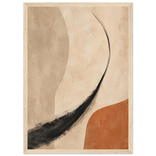 Ember Line framed abstract line art print in charcoal and terracotta, natural wood frame, A3