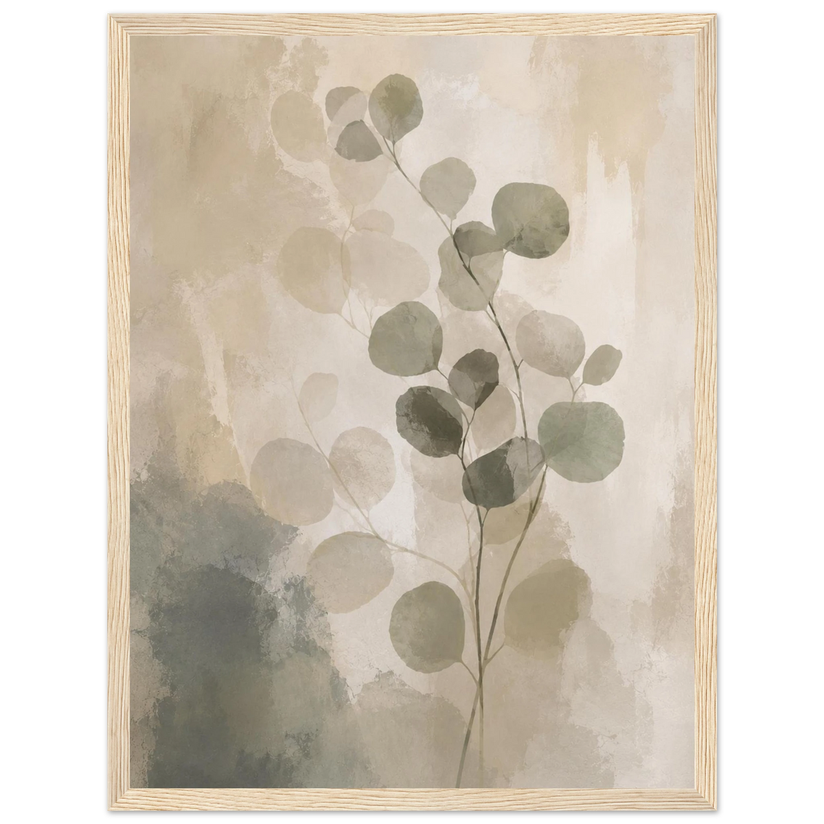 Eucalyptus Shadow framed botanical art print in sage and stone, natural wood frame, 30 x 40 cm