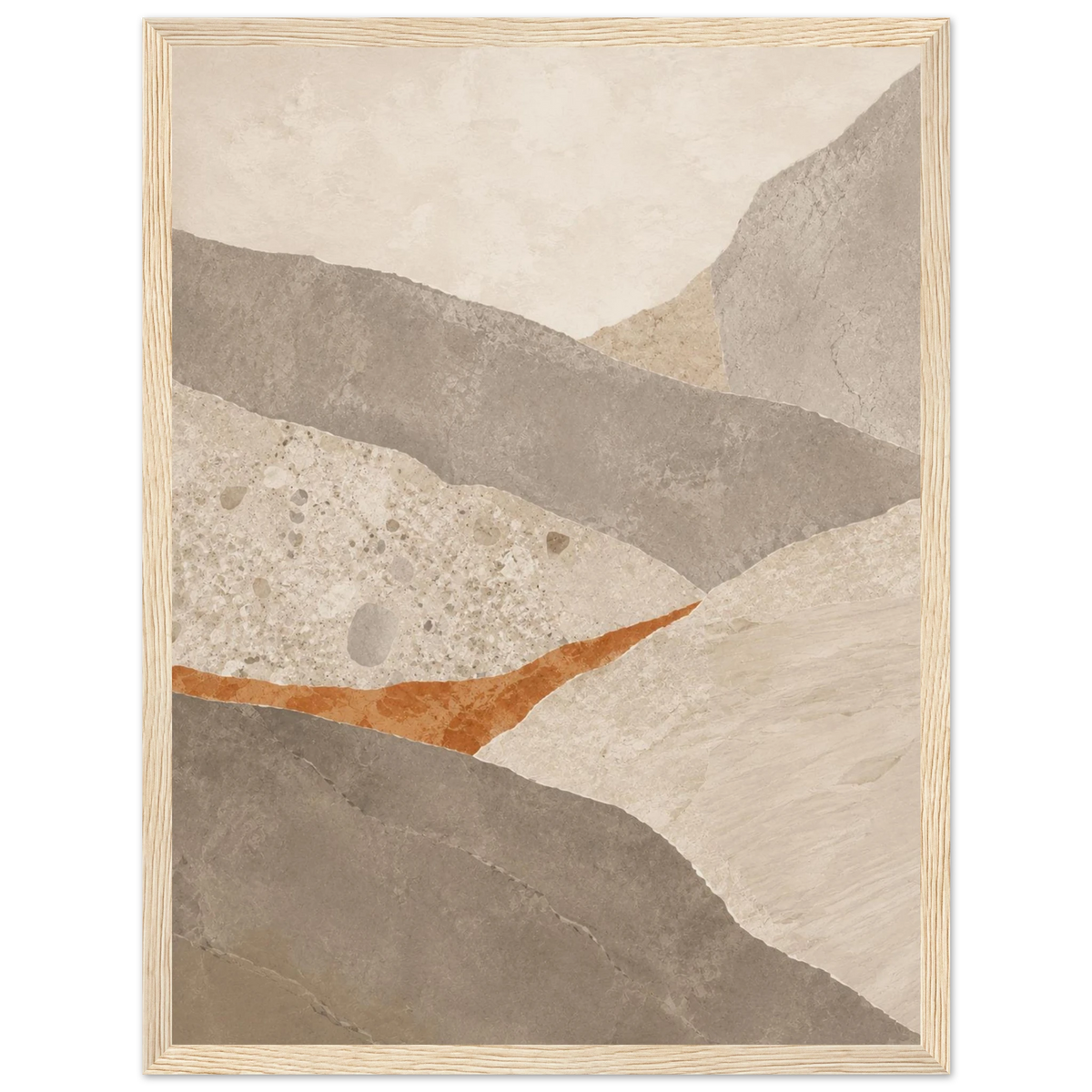 Stone Field framed abstract art print in limestone, taupe and rust, natural wood frame, 30 x 40 cm