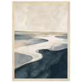 Tidal Form framed coastal abstract art print in blue-grey and sand, natural wood frame, A3