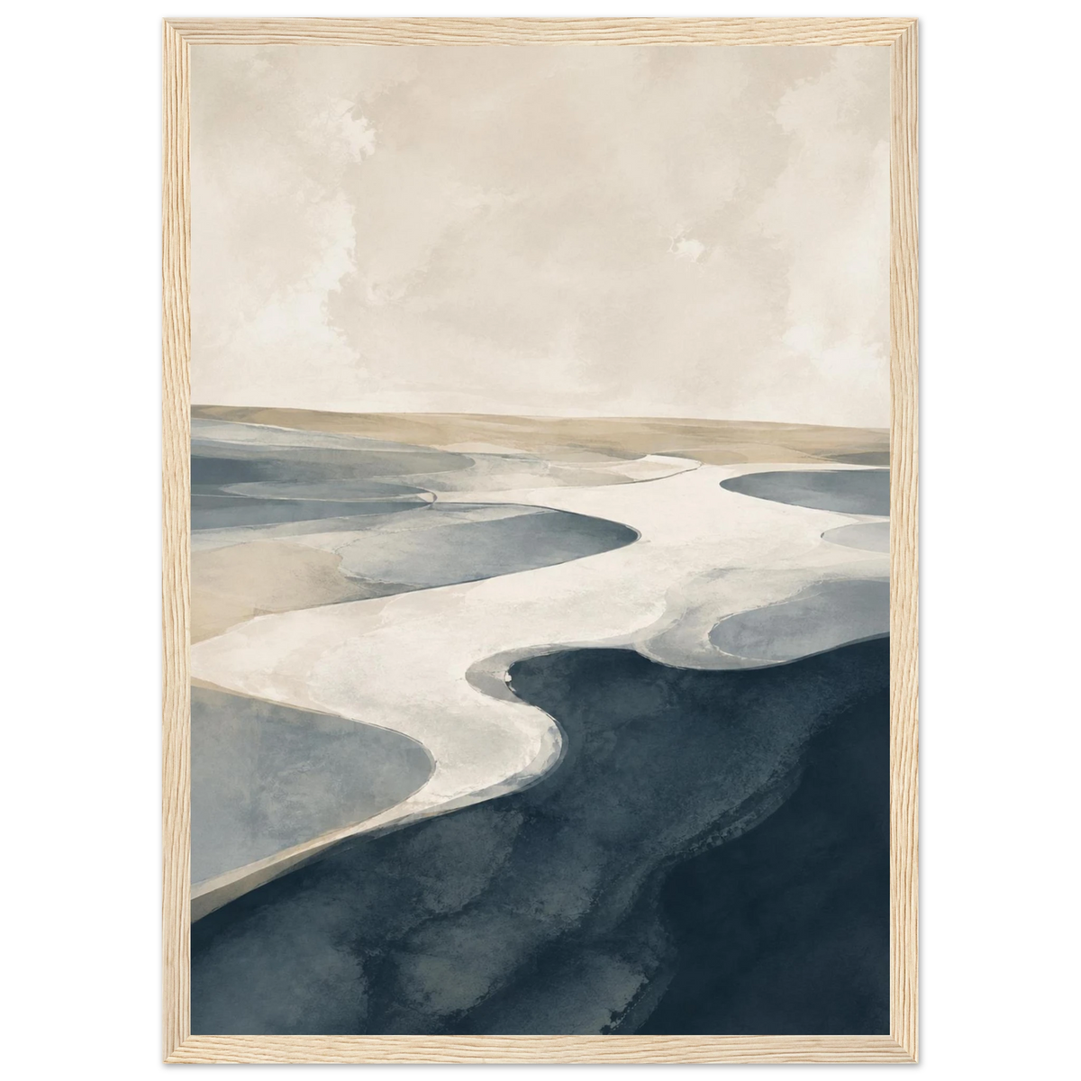 Tidal Form framed coastal abstract art print in blue-grey and sand, natural wood frame, A3