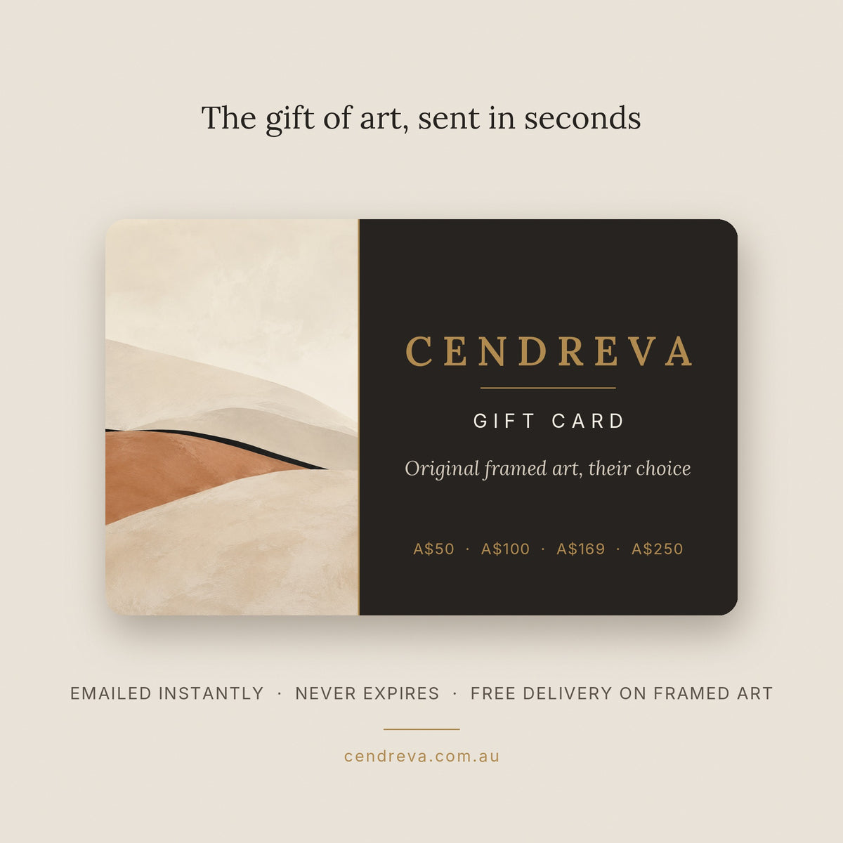 CENDREVA digital gift card for original framed art, emailed instantly, from A$50