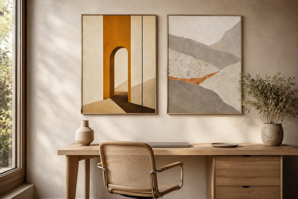 Styled home office example featuring two Still Horizons prints; frames not included