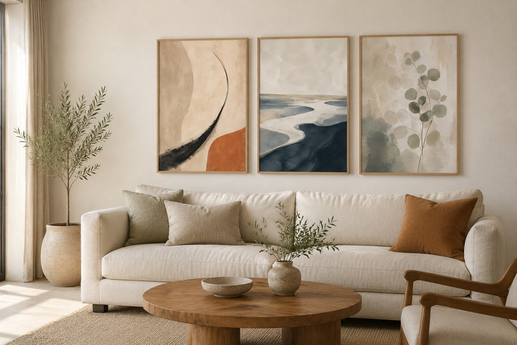 Styled living room example featuring three Still Horizons prints; frames not included
