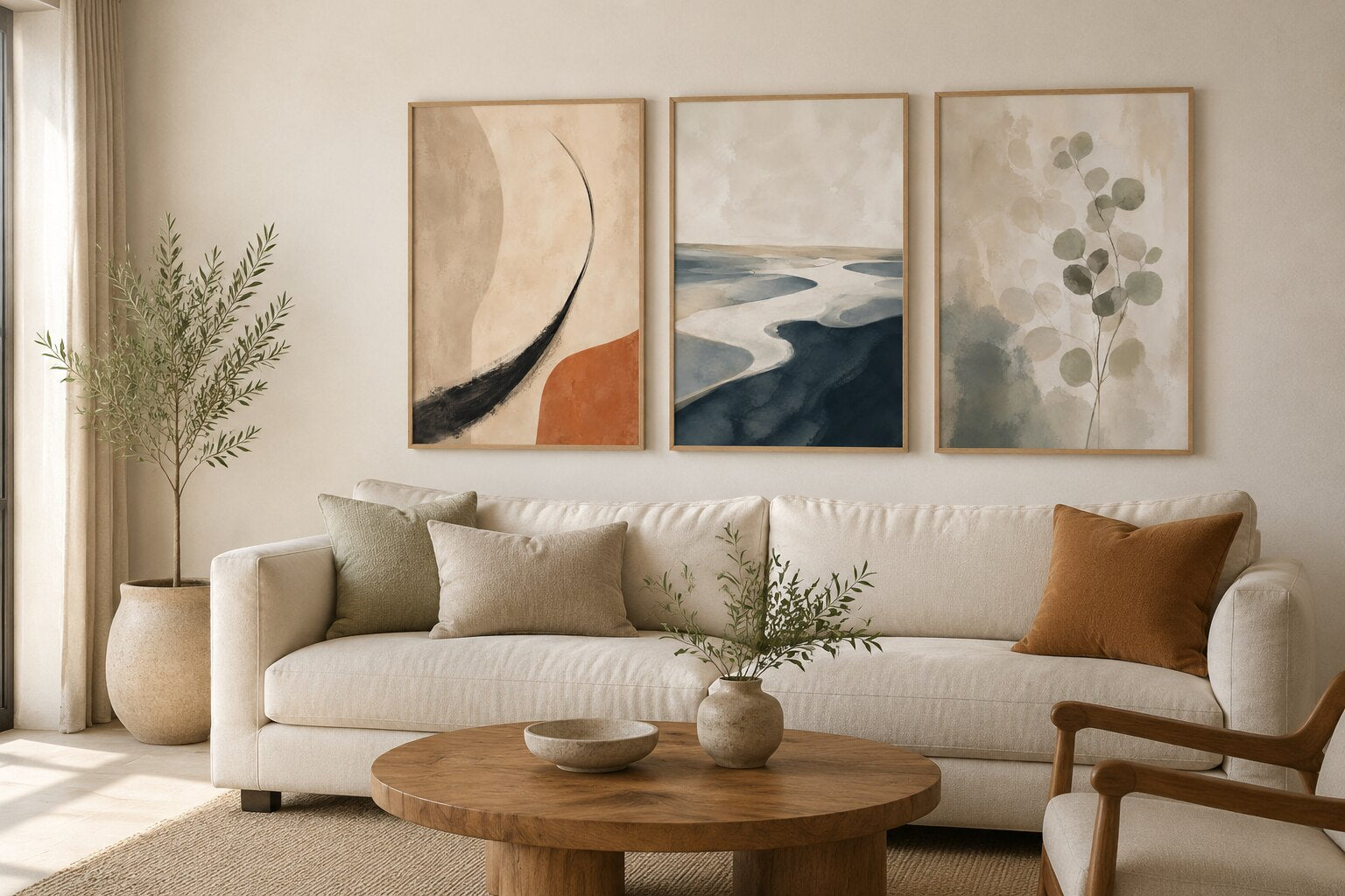 Styled living room example featuring three Still Horizons prints; frames not included
