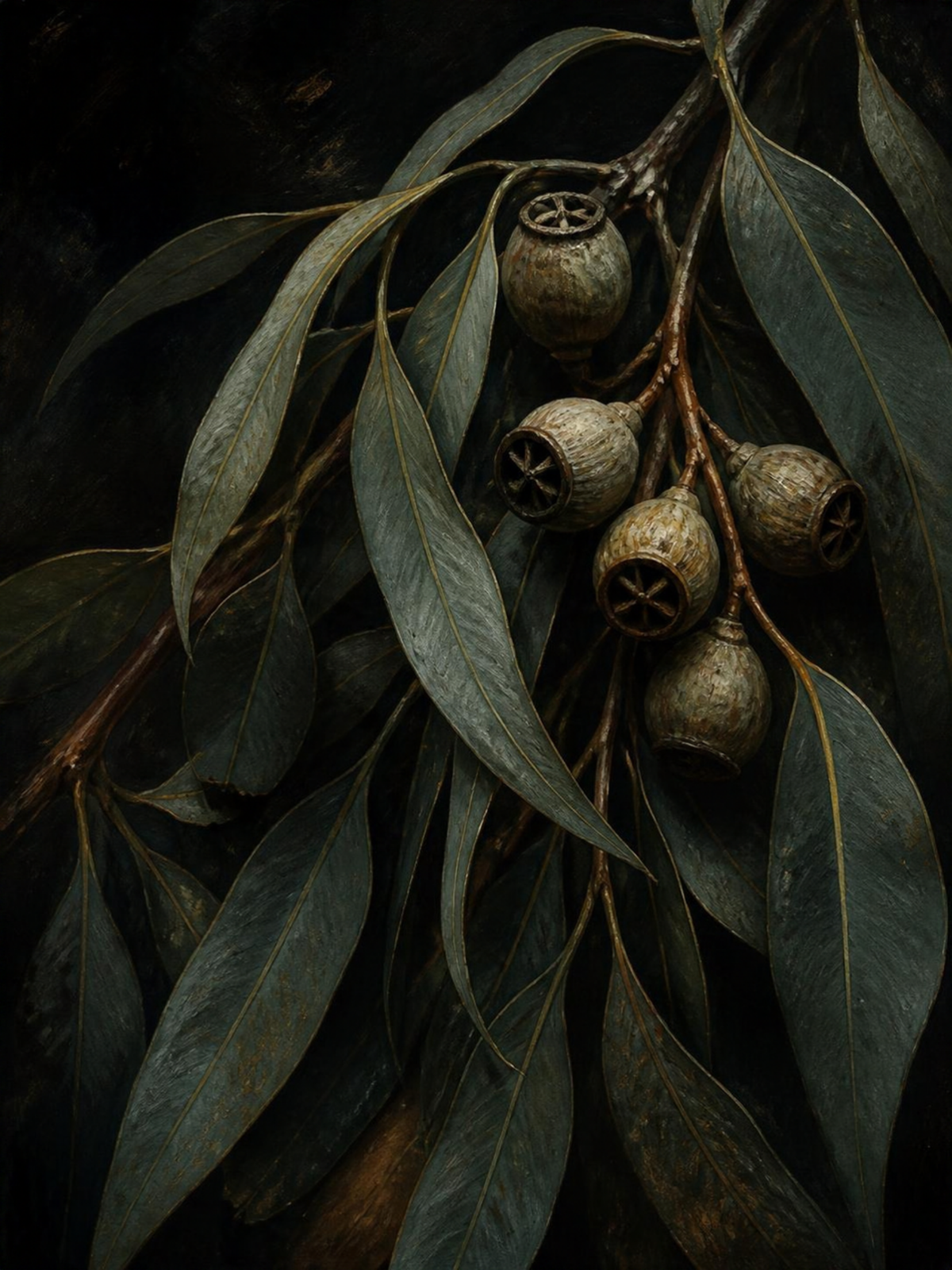 Gumnut and eucalyptus leaf framed botanical art print in dark, moody tones, natural timber frame, Night Garden by CENDREVA