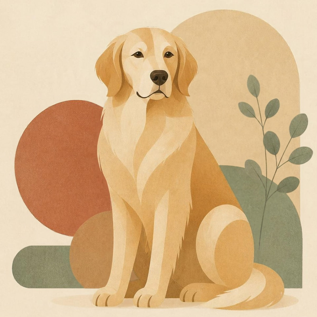 Example custom pet portrait of a golden retriever in calm earthy abstract style by CENDREVA